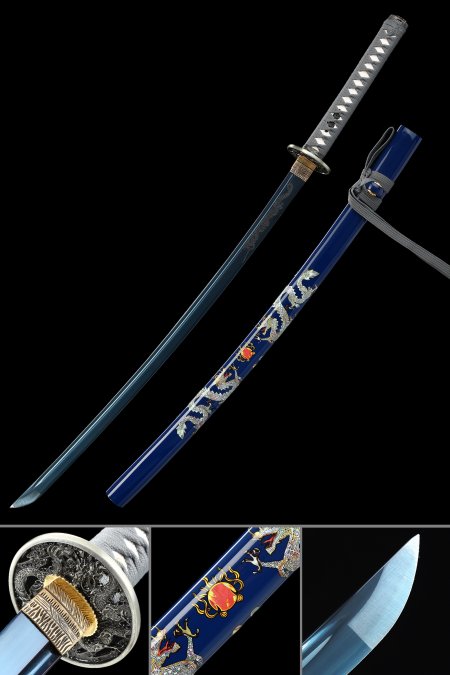 Handmade Full Tang Samurai Sword 1065 Carbon Steel With Blue Blade