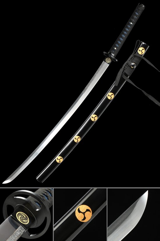 Round Plain Tsuba 1095 Carbon Steel Katana, Handmade, Black Saya & Black Blue Tsuka