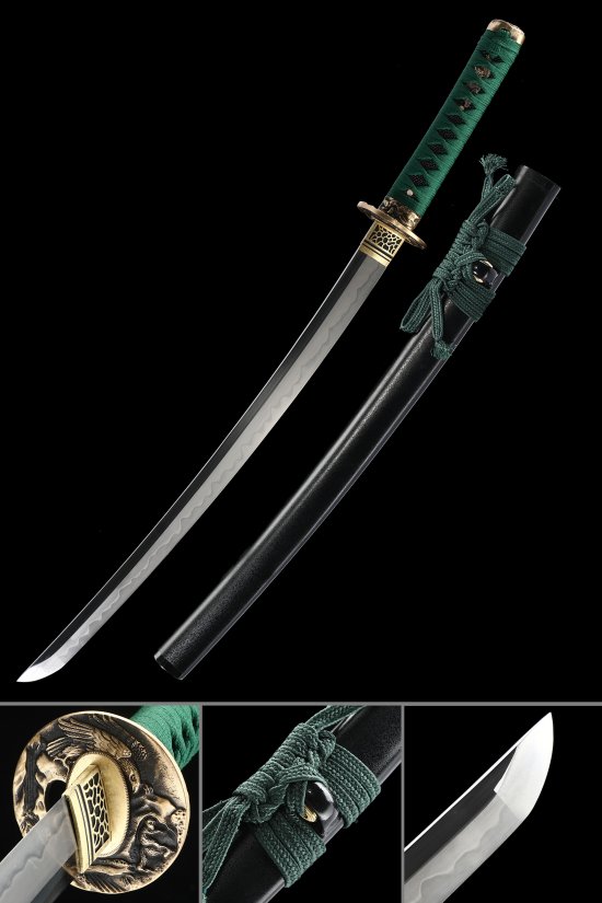 Crane Tsuba T10 Carbon Steel Wakizashi, Full Tang, Hand Forged & Black Saya