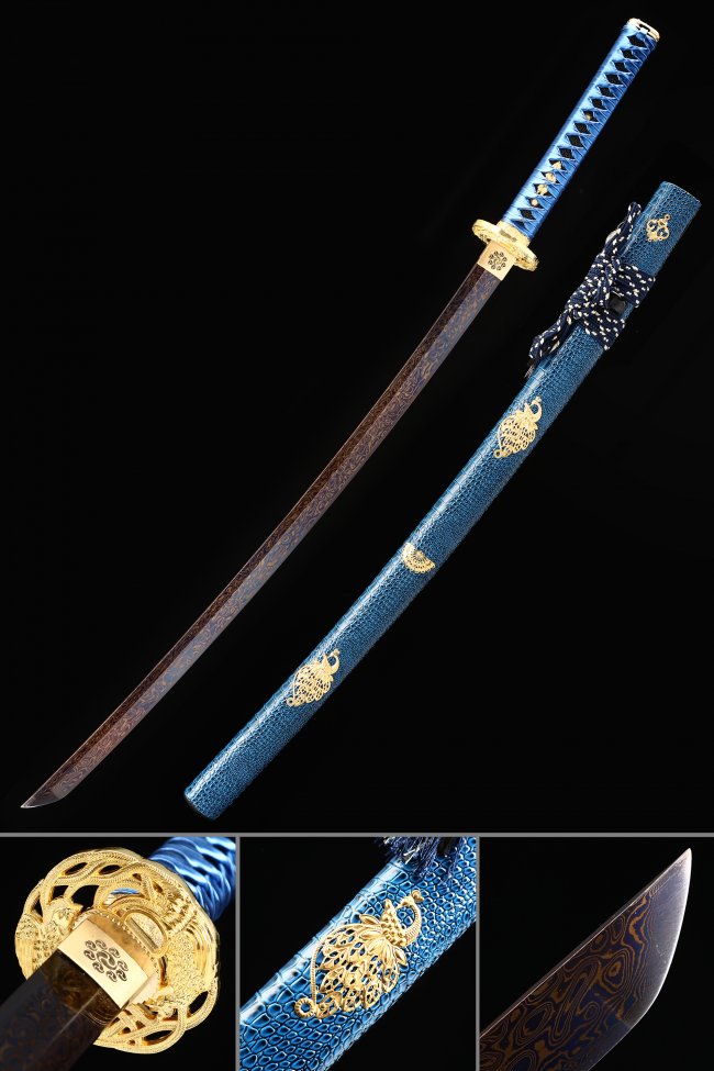 Damascus Steel Full Tang Katana with Blue Leather-Wrapped Phoenix Saya and Gold Tsuba