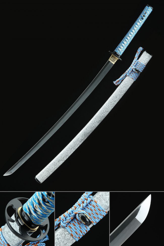 1095 Carbon Steel Katana with Black Blade, Gray Textured Saya and Blue-White Tsuka Wrap
