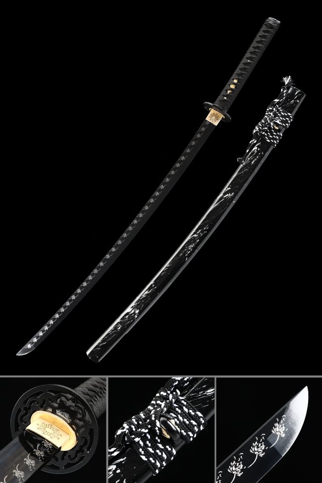 Black Blade Katana in Manganese Steel with Dragon Tsuba and Flower Engraving - Koshirae Style