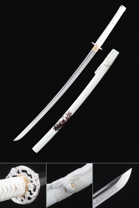 White Katana, Handmade Japanese Katana Sword T10 Folded Clay Tempered Steel Real Hamon
