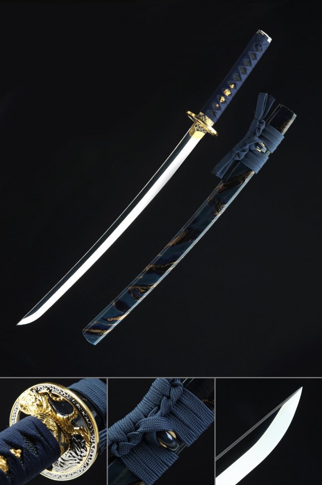 T10 Carbon Steel Wakizashi with Gold Lion Tsuba in Dark Blue Koshirae - Dragon Saya