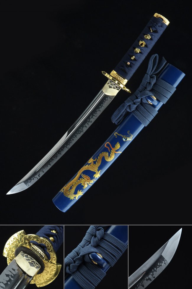Damascus Steel Tanto with Blue Dragon Saya - Gold Alloy Tsuba, Blue Cord Handle