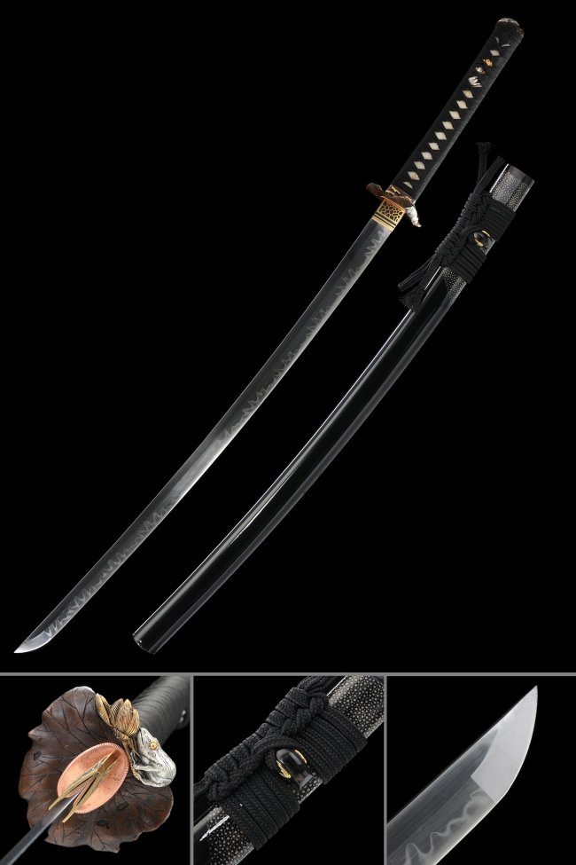 T10 Carbon Steel Katana with Wave-Engraved Blade, Leaf Tsuba in Black Hardwood Lacquer Saya
