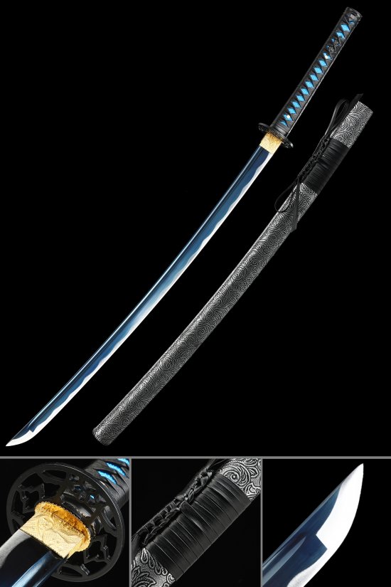 Blue Blade Katana in 1060 Carbon Steel with Silver Vine-Engraved Saya - Full Tang Replica