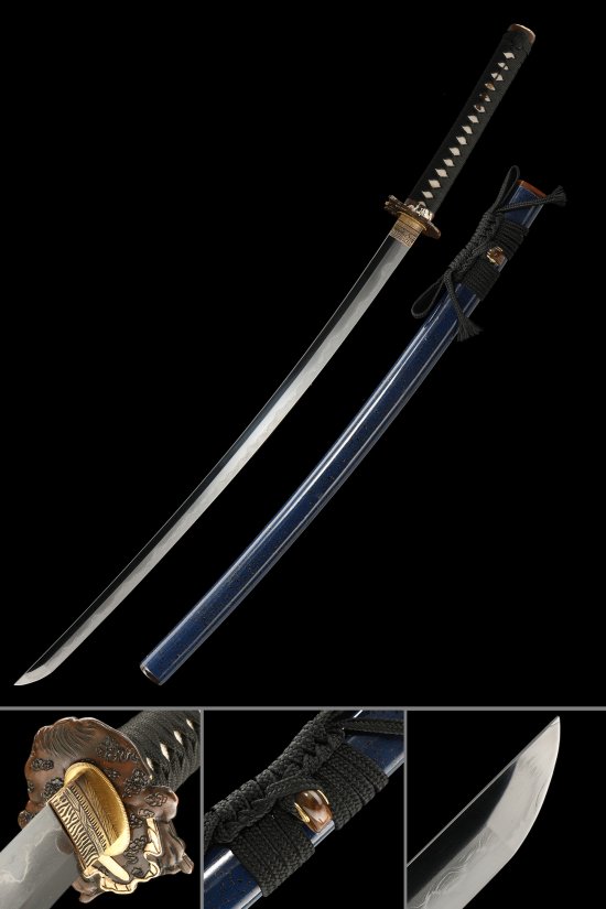 Damascus Steel Katana with Clay-Tempered Blade, Blue Lacquer Saya & Bronze-Gold Cloud Tsuba
