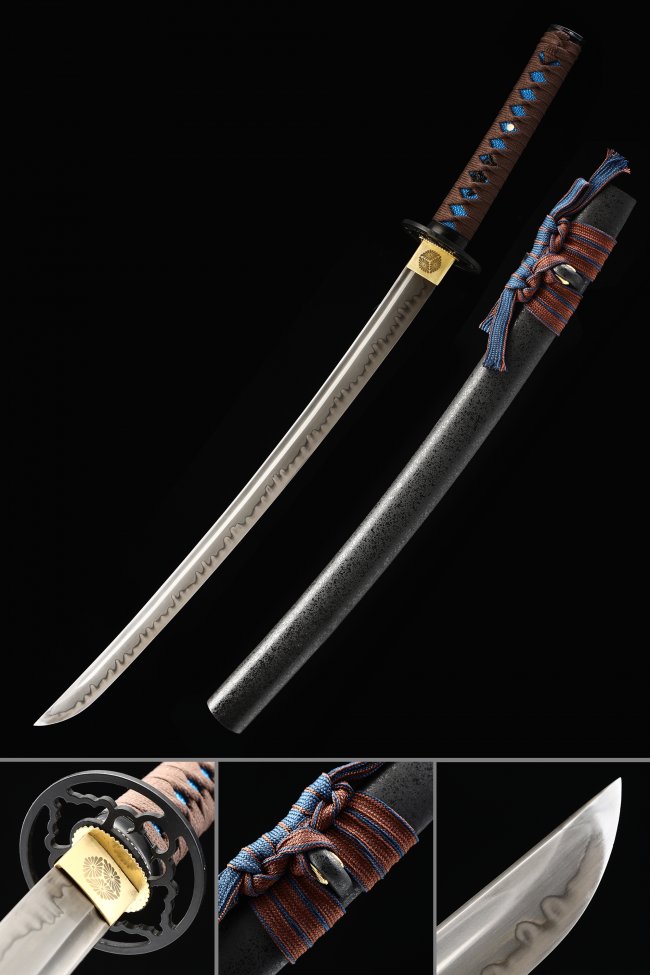 Cloud Tsuba T10 Carbon Steel Wakizashi, Clay Tempered, Real Hamon & Full Tang
