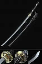 Handmade Japanese Katana Sword T10 Folded Clay Tempered Steel With Skull Tsuba