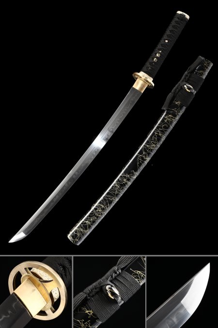 Small Katana, Handmade Wakizashi Sword T10 Folded Clay Tempered Steel With Black Scabbard