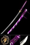Damascus Steel Full Tang Purple Katana with Python Tsuba - Purple & White Saya