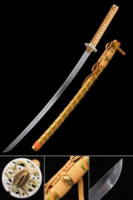 1090 Carbon Steel Katana with Gold Hardwood Saya - Dragon Tsuba, Full Tang, Gold Cord Handle
