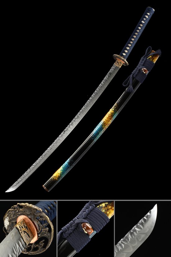 Wave Tsuba T10 Carbon Steel Katana, Real Hamon, Black Gold Saya & Dark Blue Tsuka