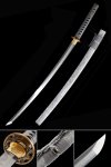 T10 Carbon Steel Katana with Hamon in Gray Saya - Gold Peony Tsuba, Gray Ito Wrap