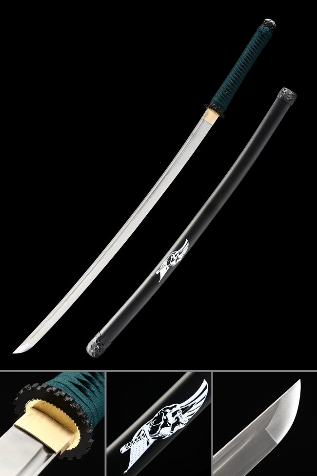 Handmade 1095 Carbon Steel Katana, Black Saya & Teal Tsuka