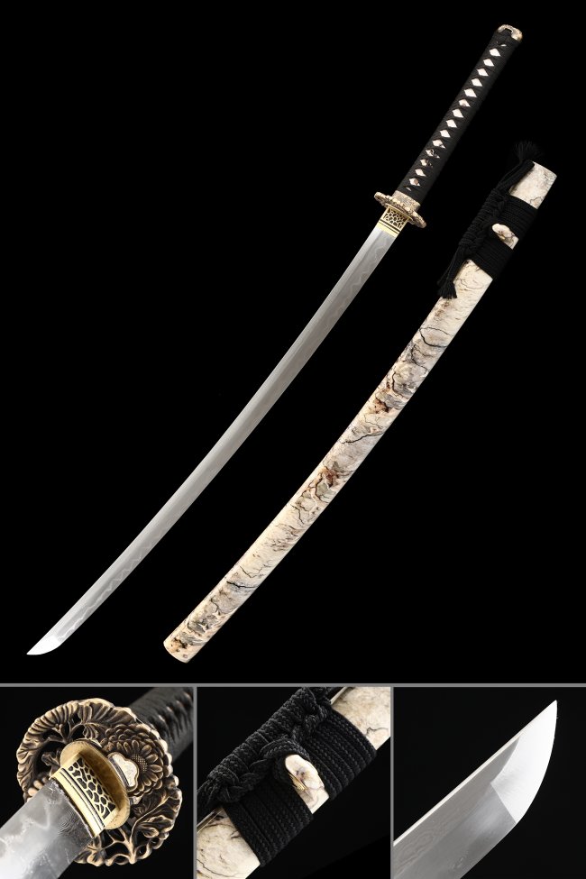 Damascus Steel Katana with Marble Saya, Real Hamon, Gold Chrysanthemum Tsuba - Full Tang