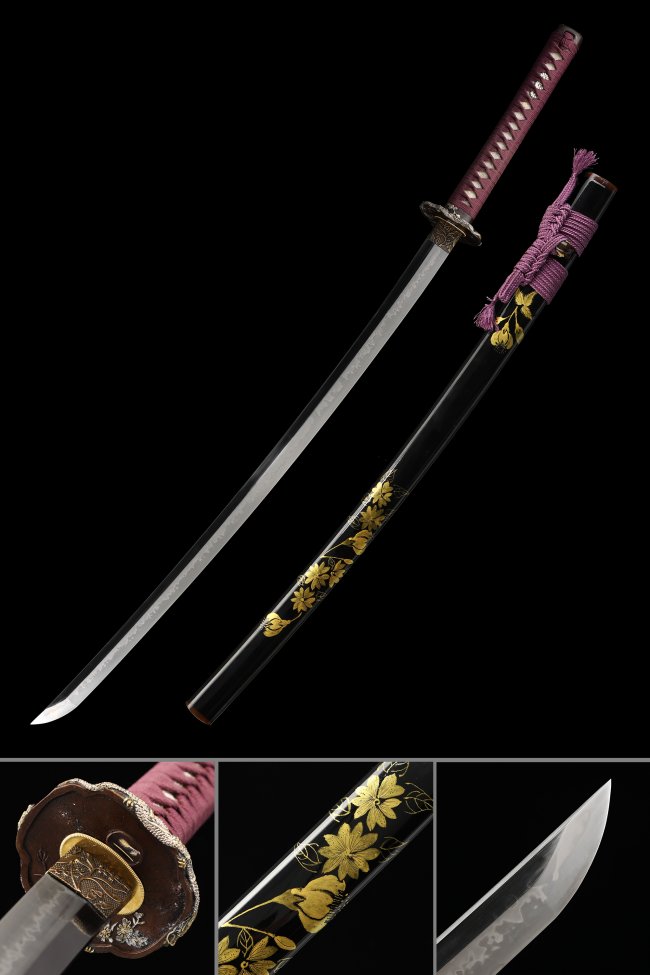 Premium Craftsmanship T10 Folded Clay Tempered Katana with Real Hamon - Gold and Silver Gilding Tsuba in Purple Wrapped Handle