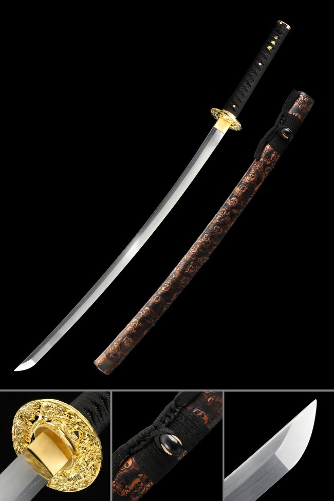 Skull Katana Manganese Steel Blade with Gold Dragon Tsuba - Brown-Black Leather Saya