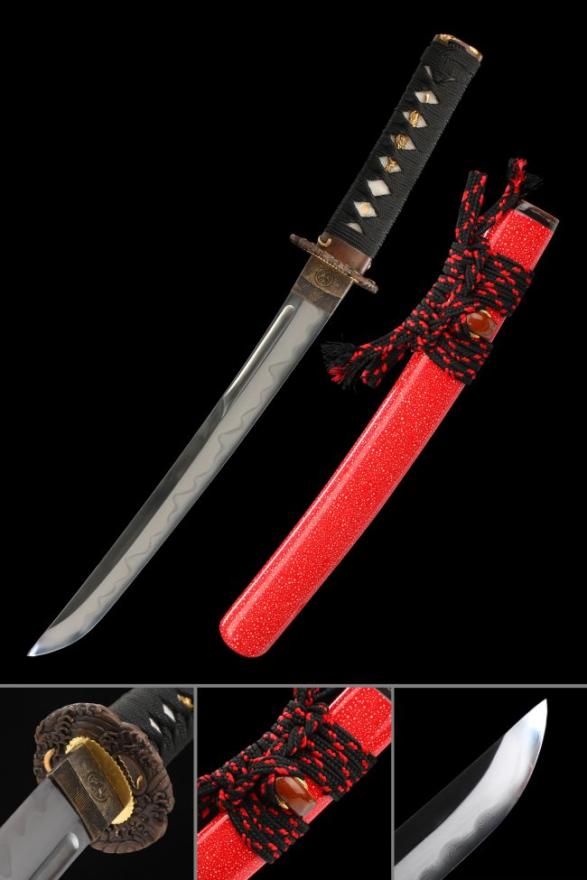 Damascus Steel Tanto with Red Rayskin Saya - Bronze Tsuba, Black-Red Sageo, Wave Hamon Blade