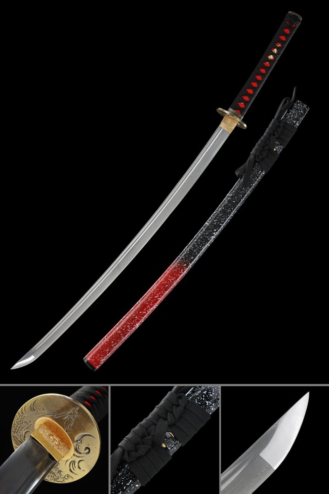 Damascus Steel Katana with Gold Phoenix Tsuba - Black Red Saya & Tsuka