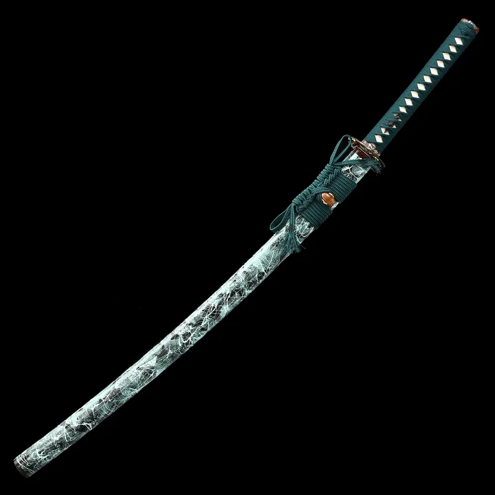 Damascus Katana | Damascus Steel Katana with Teal Marble Hardwood