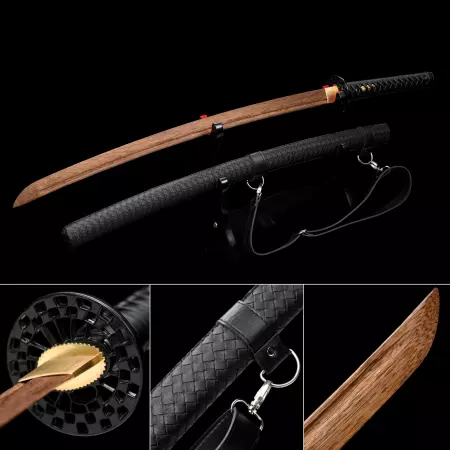 Handmade Brown Wooden Blunt Unsharpened Blade Katana Sword With Black Leather Scabbard