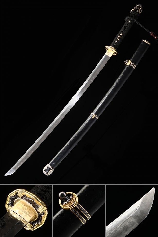 T10 Carbon Steel Type 98 Shin Gunto Katana with Black Lacquer Saya and Gold-Black Scroll Tsuba