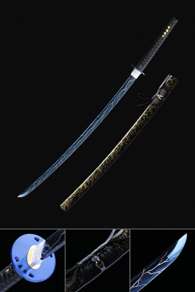 Blue Lightning Manganese Steel Katana with Gold-Veined Black Saya in Full Tang Construction