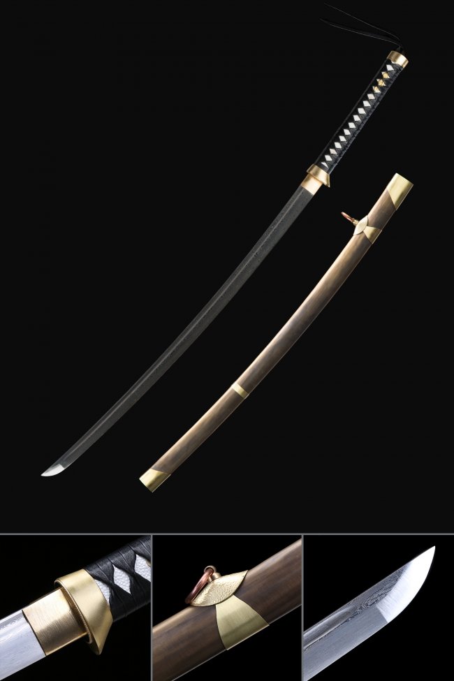 Damascus Steel Katana with Gold Copper Tsuba - Folded Blade, Black Ito, Brown Hardwood Saya
