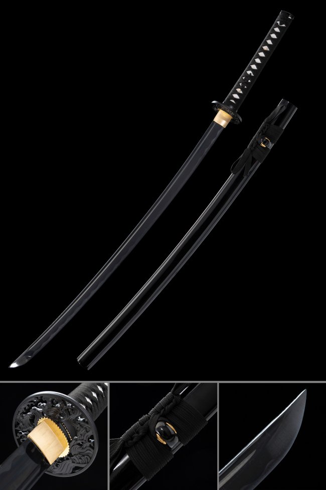 1060 Carbon Steel Katana with Black Blade, Dragon Tsuba & Piano Lacquer Saya