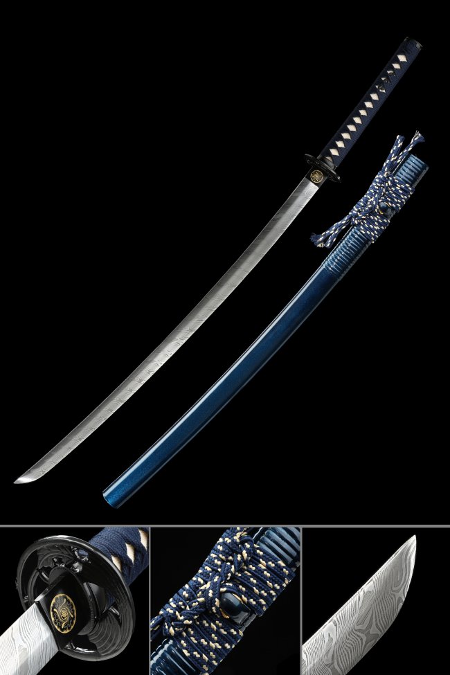 Damascus Steel Katana with Blue Lacquer Saya - Folded Steel Blade, Dragon Tsuba, Dark Blue Ito