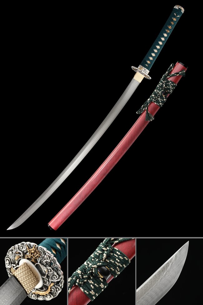 Damascus Steel Katana with Red Hardwood Saya - Dragon Tsuba, Dark Green Ito, Full Tang