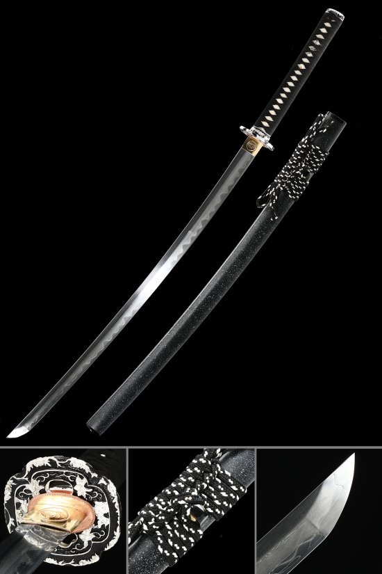 Manganese Steel Katana with Real Hamon in Black Hardwood Saya - Dragon Alloy Tsuba