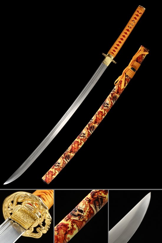 1065 Carbon Steel Katana with Skull Gold Tsuba - Orange Ito, Flame Skull Saya, 28.74" Blade