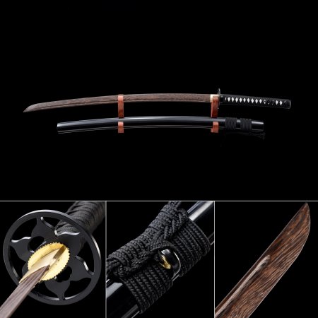 Handmade Brown Wooden Blade Unsharpened Katana Samurai Sword With Black Scabbard And Iron Tsuba