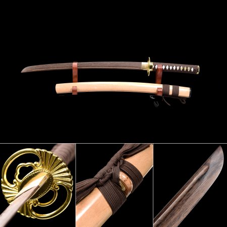 Handmade Brown Wooden Blade Unsharpened Wakizashi Sword With Natural Scabbard And Kirsite Tsuba