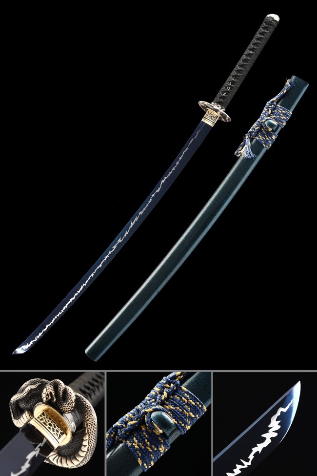 Blue Blade Katana in Manganese Steel with Lightning Engraving & Snake Tsuba