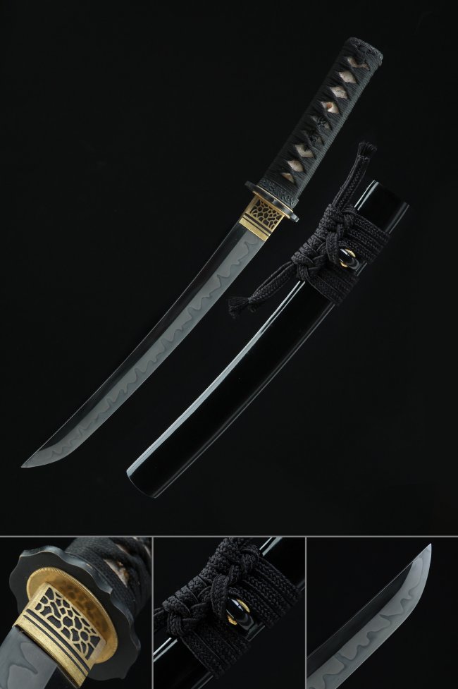 T10 Steel Clay-Tempered Tanto with Real Hamon in Black Piano Lacquer Saya - Folded Japanese Short Sword