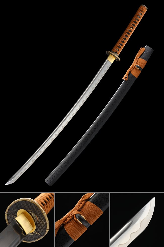 1060 Carbon Steel Katana with Hamon Blade, Black Lacquer Saya & Orange Tsuka Wrap