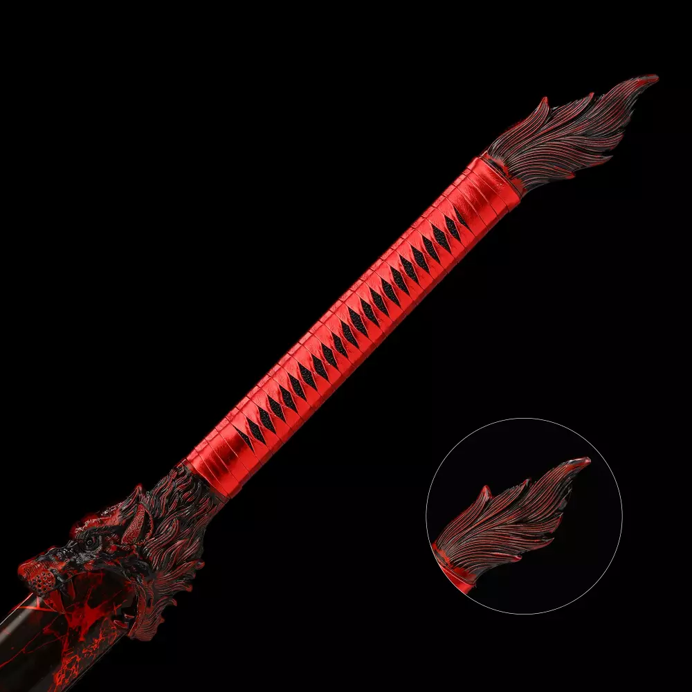 Red Katana | T10 Steel Red Katana with Feather-Engraved Blade and