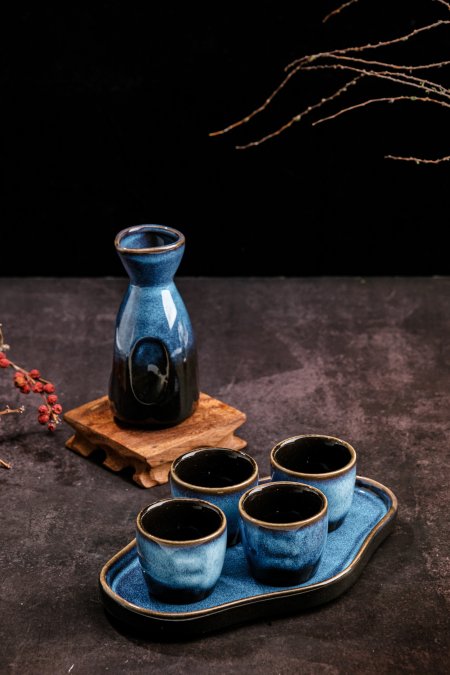 Japanese Ceramic Sake Set, 1 Bottle And 4 Cups With Ceramic Tray
