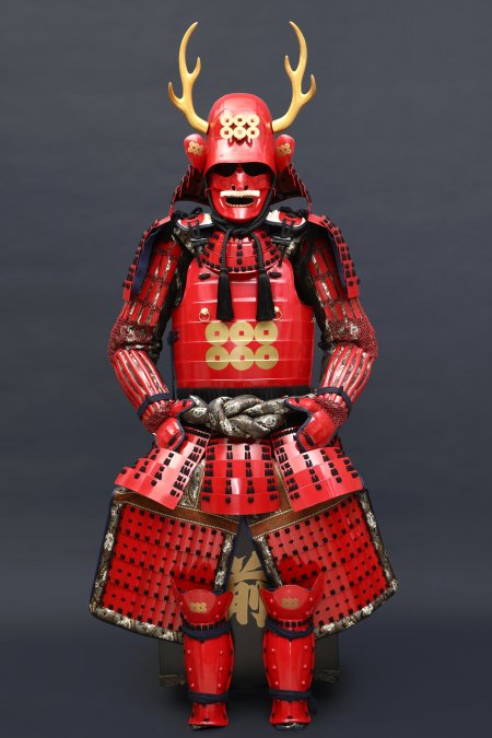 Handmade Red Japanese Samurai Armor For Yukimura Sanada With Deer Antlers, Life Size Samurai Yoroi