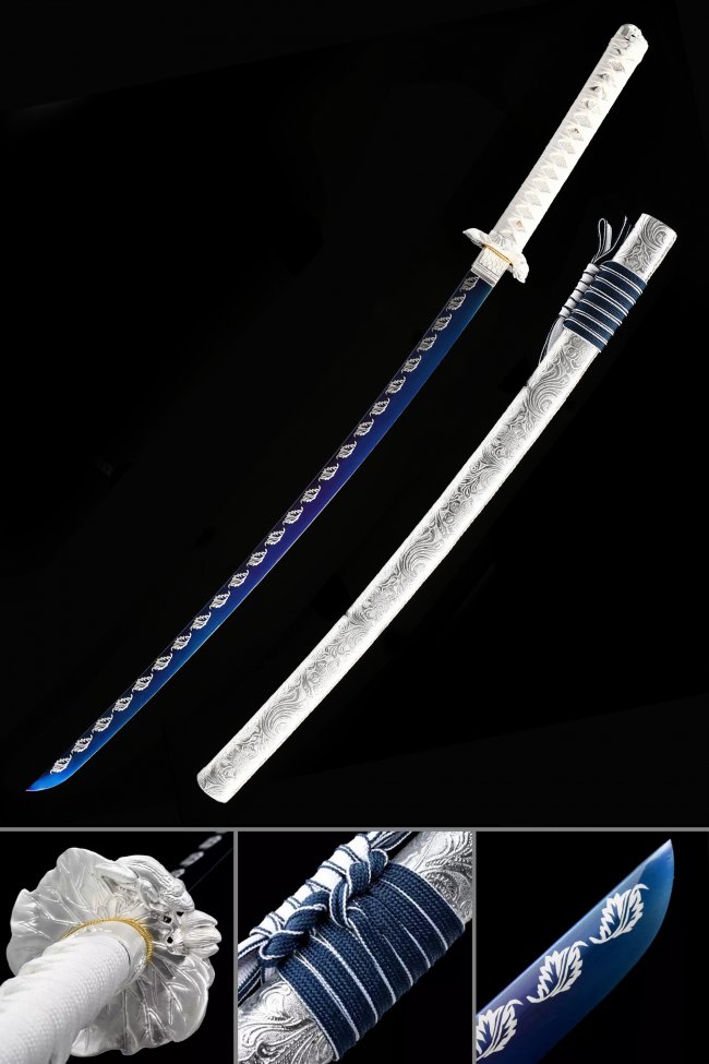 Manganese Steel Blue Printed Katana with Silver PU Leather Saya and Lotus Alloy Tsuba - Full Tang Samurai Sword