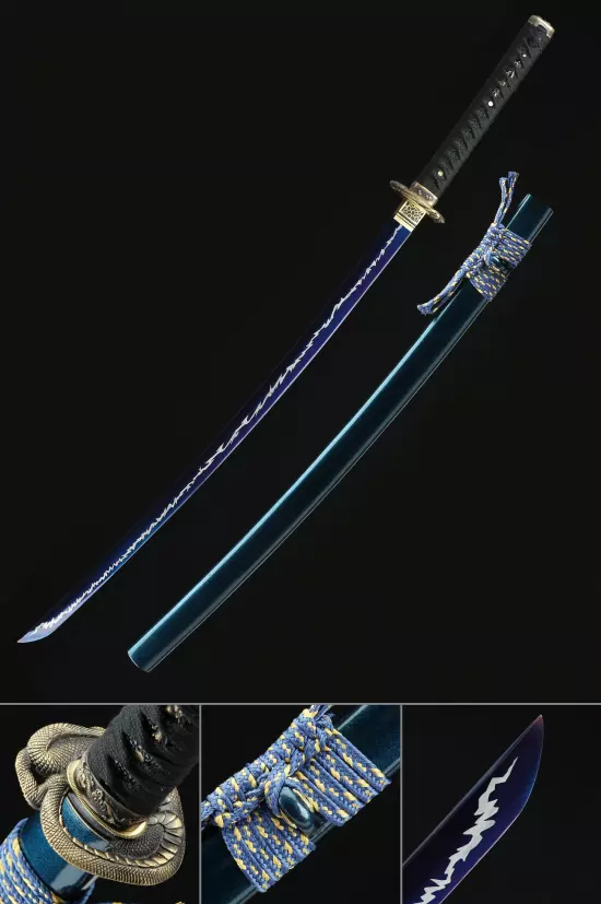 Handmade Japanese Katana Sword Spring Steel With Blue Blade And Scabbard