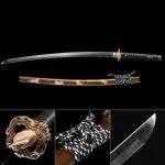 Damascus Steel Katana with Gold Dragon Tsuba - Brown Tiger Saya, Black Cord Handle, Full Tang