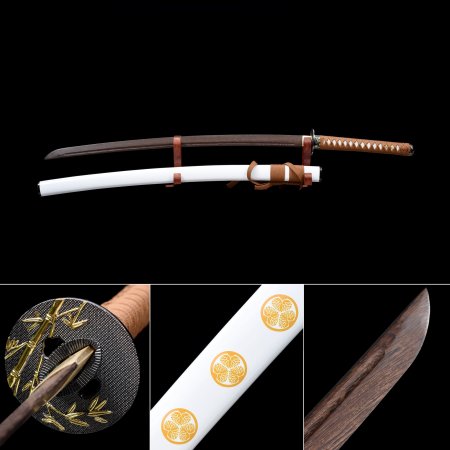 Handmade Brown Wooden Blade Unsharpened Katana Sword With White Scabbard And Bamboo Theme Tsuba