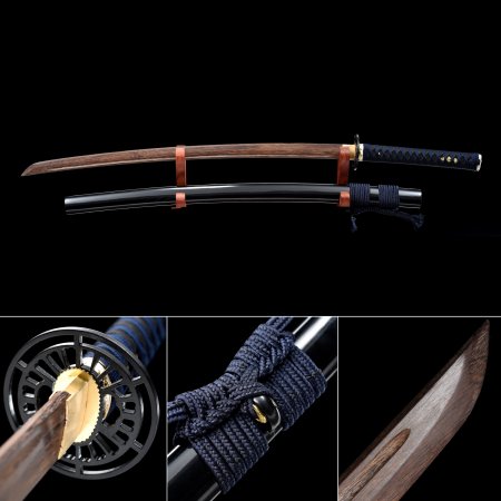 Handmade Brown Wooden Blade Unsharpened Katana Samurai Sword With Black Scabbard And Iron Tsuba