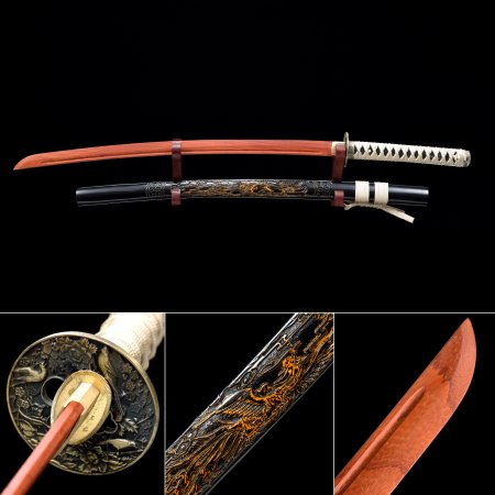 Handmade Rosewood Blade Unsharpened Katana Sword With Black Scabbard And Bird Tsuba