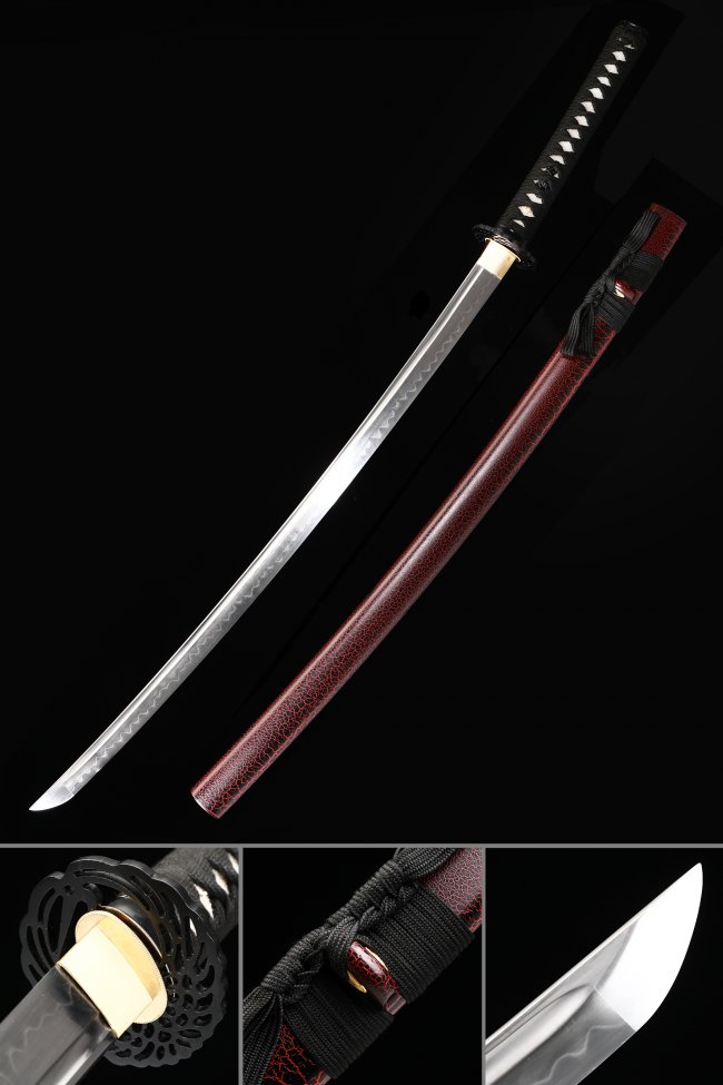 T10 Folded Clay Tempered Katana with Real Hamon in Dark Red Crackle-Finish Saya - Black Ito Full Tang Sword